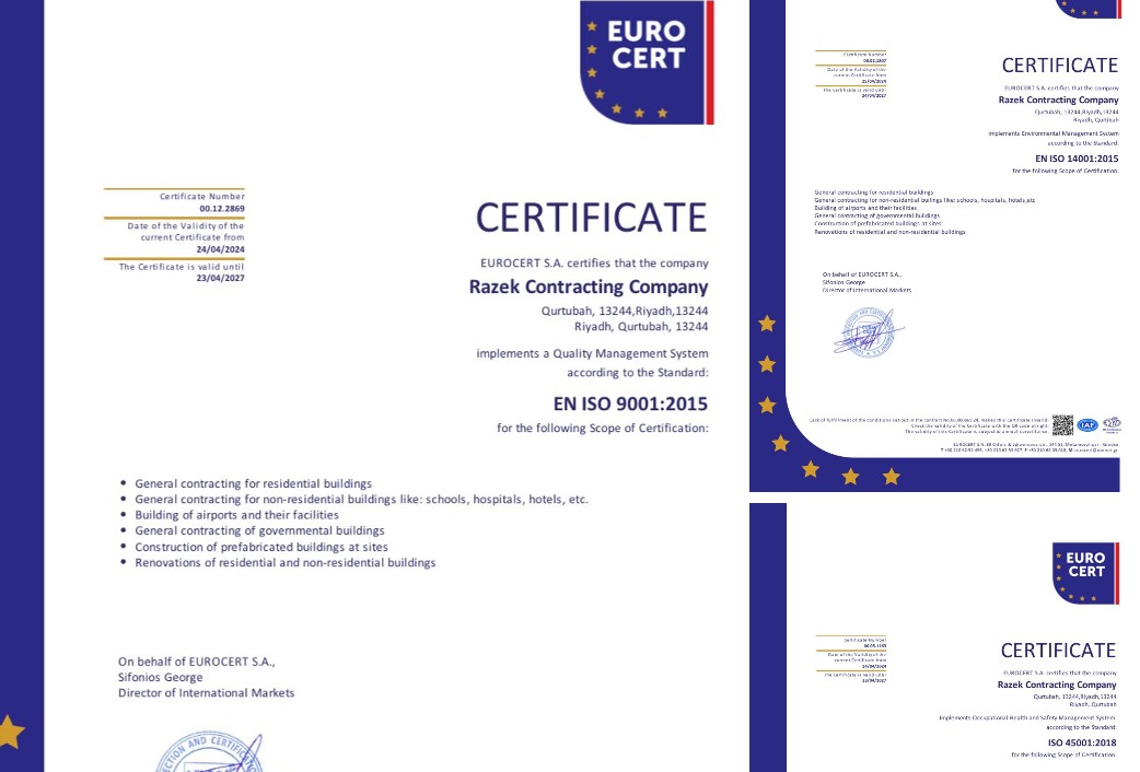 Razek successfully obtained ISO certifications for Quality, Safety, and Environmental Management in Saudi Arabia! 