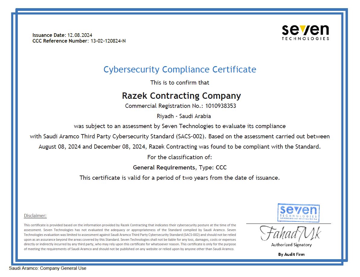 Razek Officially Awarded CyberSecurity Compliance Certificate@2024